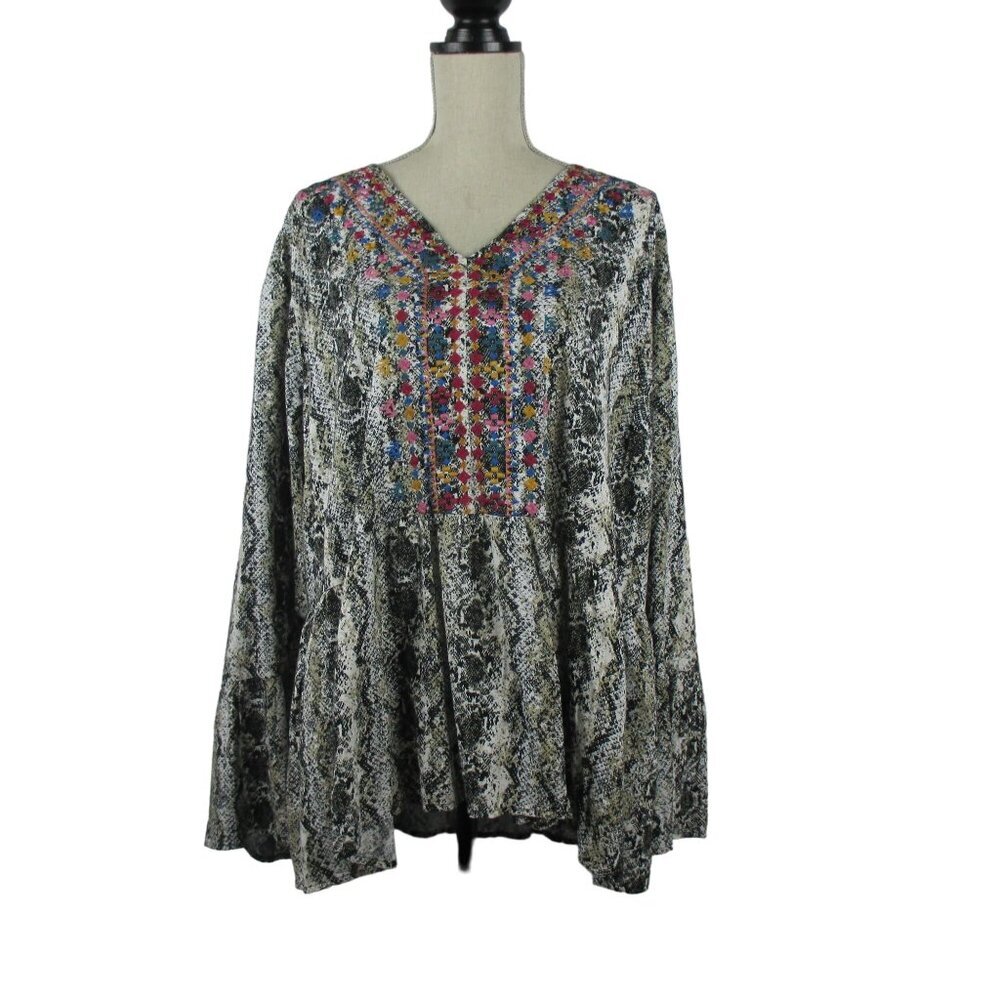 Savanna Jane 3X Snake Print Blouse With Embroidered Festival Boho New